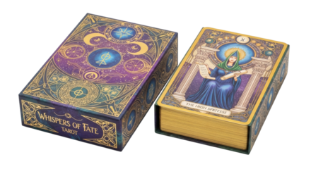 Elegant Whispers of Fate Tarot Deck with Detailed Art and Celestial Imagery on a White Surface