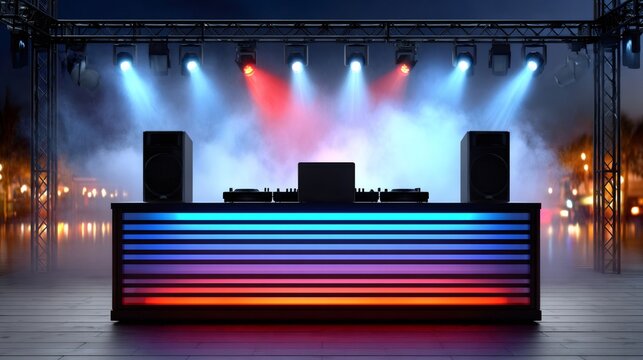 Dj set lighting up night with colorful stage lights and fog