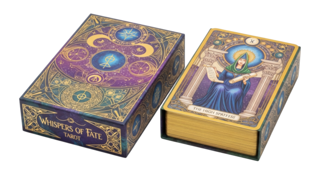 Elegant Whispers of Fate Tarot Deck with Detailed Art and Celestial Imagery on a White Surface