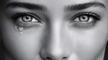 Fototapeta premium Woman crying with tears streaming down her face in black and white