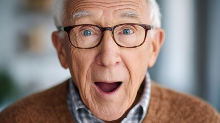 Close up of astonished elderly man wearing eyeglasses expressing surprise