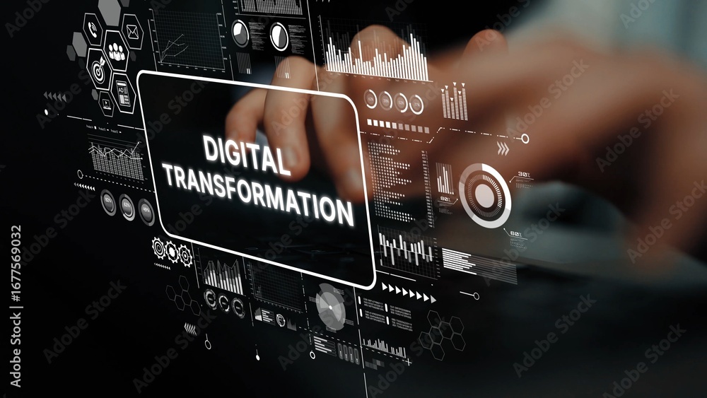 Poster hands typing on a keyboard with digital transformation concept and data visualization graphics in th