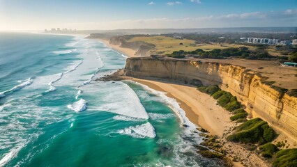 Aerial view of dramatic coastal cliffs meeting turquoise ocean waves and sandy beach coastline