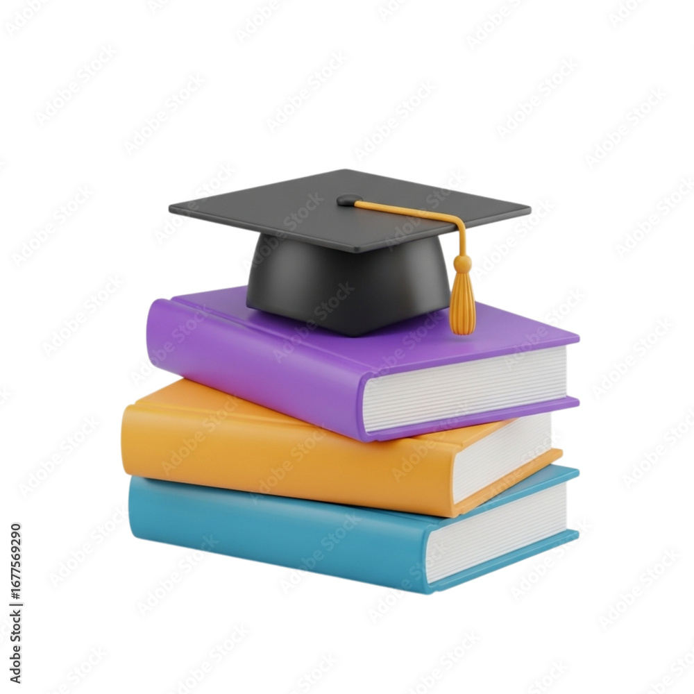 Poster 3d icon of graduation mortarboard on stack of books isolated on transparent background