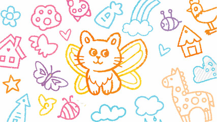 Hand drawn whimsical illustration featuring a fairy cat surrounded by various doodle elements art style silhouette