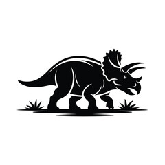 Triceratops Dinosaur Silhouette Illustration Black Vector Design Standing on Grass Patch in Profile View with Horns and Frill Detailed
