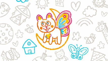 Illustration of a whimsical bunny with butterfly wings sitting on a crescent moon surrounded by doodles silhouette