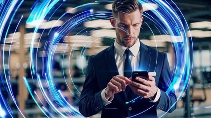 A person in a business suit holds a smartphone indoors, surrounded by glowing digital graphics representing technology, communication, or virtual interfaces. - Powered by Adobe
