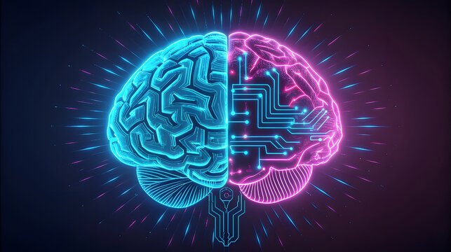 Digital brain with neon blue and pink circuits - Powered by Adobe
