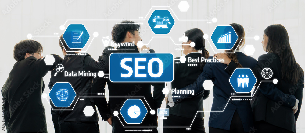 Poster a diverse group of business professionals engages in a collaborative analysis of seo strategies, sur