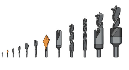 Assorted Gray Drill Bits Set in Ascending Order on White Background