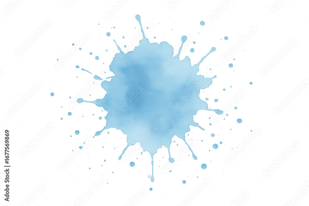 Poster light blue watercolor splash creating dynamic splatters and drips, spreading across transparent back