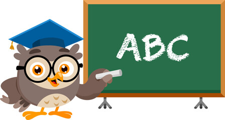 Cute Owl Teacher Cartoon Character Writing ABC On Chalkboard And Teaching Lesson - Vector Illustration Flat Design Isolated On Transparent Background