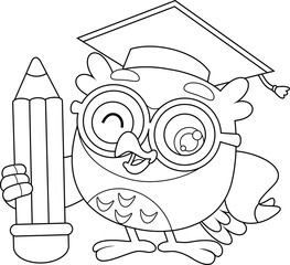 Cute Owl Teacher Cartoon Character Holding Giant Pencil – Black and White Vector Hand Drawn Illustration For Coloring Page Isolated On Transparent Background
