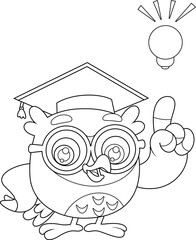Owl Teacher Cartoon Character With Idea Pointing Up With Light Bulb - Black and White Vector Hand Drawn Illustration Isolated On Transparent Background