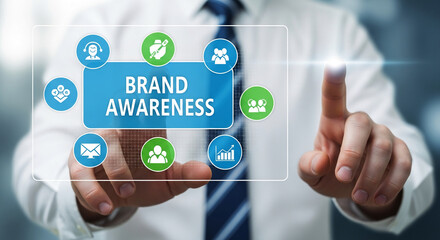 Hands interact with a transparent interface displaying "Brand Awareness" surrounded by icons representing marketing strategies, symbolizing digital business growth and strategic planning