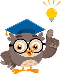Owl Teacher Cartoon Character With Idea Pointing Up With Light Bulb - Vector Illustration Flat Design Isolated On Transparent Background