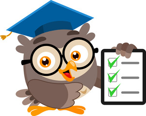 Owl Teacher Cartoon Character Holding Checklist With Green Check Marks - Vector Illustration Flat Design Isolated On Transparent Background