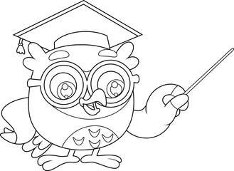 Owl Teacher Cartoon Character Pointing With Pointer Stick – Black and White Vector Hand Drawn Illustration Isolated On Transparent Background