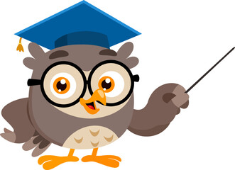 Owl Teacher Cartoon Character Pointing With Pointer Stick - Vector Illustration Flat Design Isolated On Transparent Background