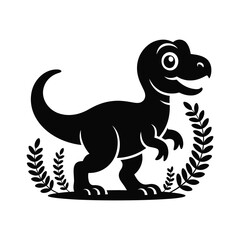 Playful T-Rex Silhouette Illustration Black Vector Design Surrounded by Ferns for Children's Books and Educational Purposes