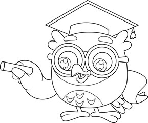 Owl Teacher Cartoon Character Explaining Lesson With Chalk – Black and White Vector Hand Drawn Illustration Isolated On Transparent Background