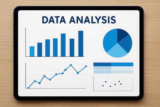 Tablet Displaying Business Charts Data Analysis Graphs,  Financial Report, Growth Trends, Market Research.