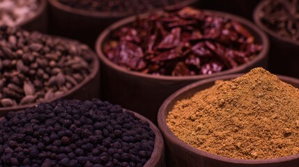 Spices fill wooden bowls culinary ingredient concept