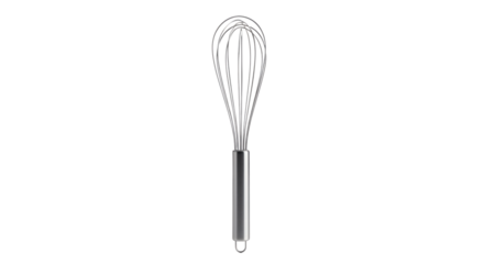 Stainless steel whisk, cooking utensil isolated on white background, shining brightly for food preparation imagery and culinary inspiration.