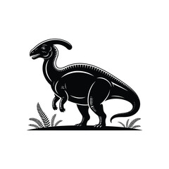 Parasaurolophus Silhouette Illustration Vector: Black Dinosaur with Ferns on White Background, Prehistoric Creature in Natural Setting