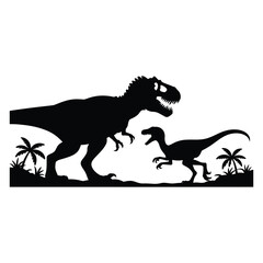 Tyrannosaurus Rex and Velociraptor Silhouette Illustration Black Vector on Prehistoric Landscape with Palm Trees and Lush Vegetation
