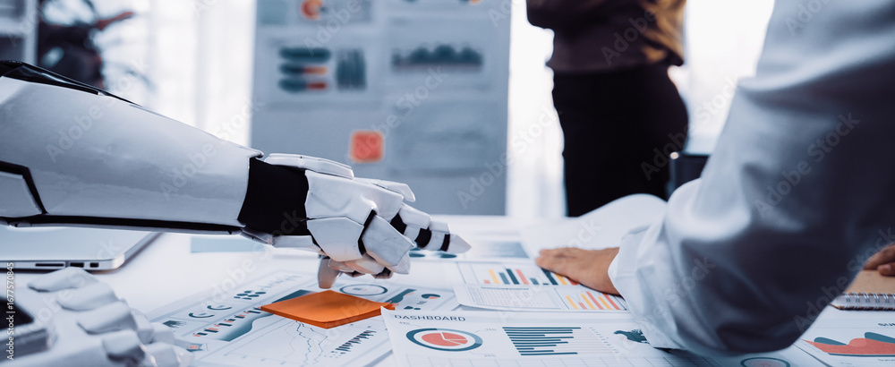 Aufkleber a dynamic scene depicting a collaboration between a human and a robot during a business meeting, foc