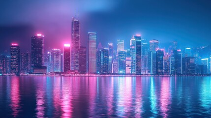 Fototapeta premium A vibrant city skyline at night with illuminated skyscrapers reflecting on the water, showcasing a mix of modern architecture and colorful lights.