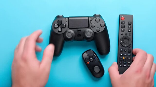 A flat lay showcasing a video  controller, a television remote, and a small, possibly wireless, gaming device, all set against a vibrant, bright blue backdrop.