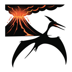 Dramatic Pterodactyl Silhouette Illustration Soaring Above a Volcanic Eruption Black Vector Graphic for Prehistoric Era Designs © MD AMINUL ISLAM