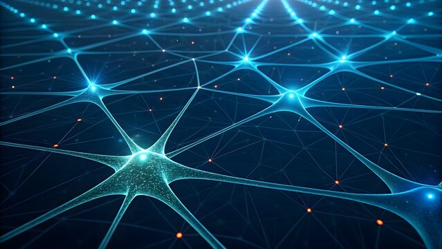 Abstract neural network connections with glowing blue lights