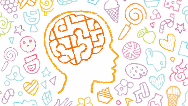 A brain puzzle inside a head profile with candy and sweets surrounding it in a colorful drawing style silhouette - Powered by Adobe
