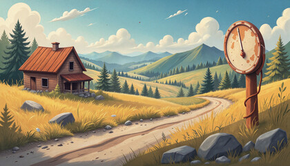 Scenic countryside landscape with wooden house and mountains