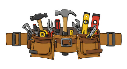 Cartoon Tool Belt with Various Hand Tools on White Background