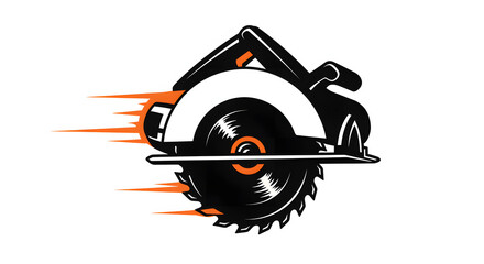 Circular Saw Cutting with Orange Speed Lines on White Background