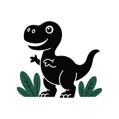 Delightful Dinosaur Silhouette Illustration A Black Vector Depiction of a Cartoon T-Rex with a Smiling Face, Surrounded by Plants
