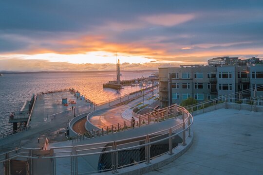 sunset over the Elliott bay of Seattle city of USA