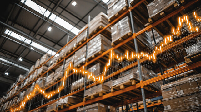 Warehouse Stock with a Fluctuating Graph: A comprehensive stock of goods inside a warehouse, with a superimposed fluctuating graph, highlighting market trends and economic performance.