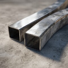 Two metal square tubes, one curved, on concrete