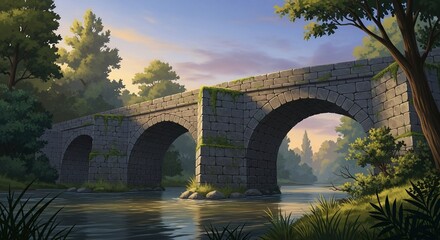 Ancient stone bridge with arches spanning a tranquil river, surrounded by lush green trees under a soft, warm sunset sky.