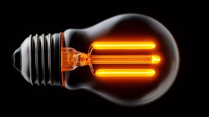 Glowing light bulb filament emitting warm light on dark background