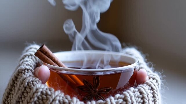 Cupped hands presenting mug of spiced tea containing anise and cinnamon