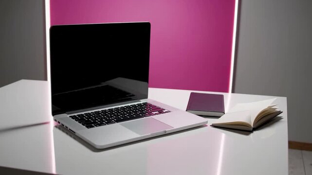 Work Area with Portable Computer and Notepad Mockup on Rosy Backdrop. Work Area with Portable Computer and Notepad Mockup on Rosy Backdrop. online learning