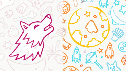 Doodle art featuring a howling wolf, earth, rockets, stars, and other whimsical elements on a white background silhouette