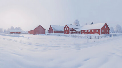 A cozy red wooden barn and cottage nestled in a serene winter landscape with a snowy mountain and bare trees under a clear blue sky